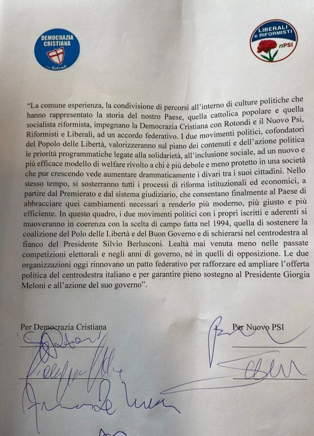 Saint_Vincent_patto_federativo_tra_la_Dc_Nuovopsi_2 Firmato nei mesi scorsi il patto fra la Dc di Rotondi e il Nuovo Psi di Caldoro nel rinnovato sostegno al Governo Meloni